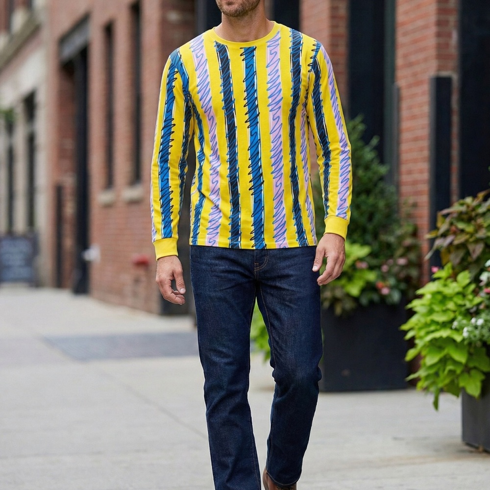 Yellow Ziggy Stripe Long Sleeve Crew